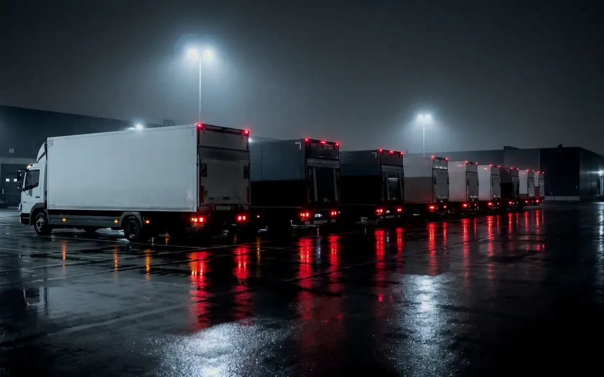 Lkw-Reihe an den Toren eines Logistik-Depots bei Nacht